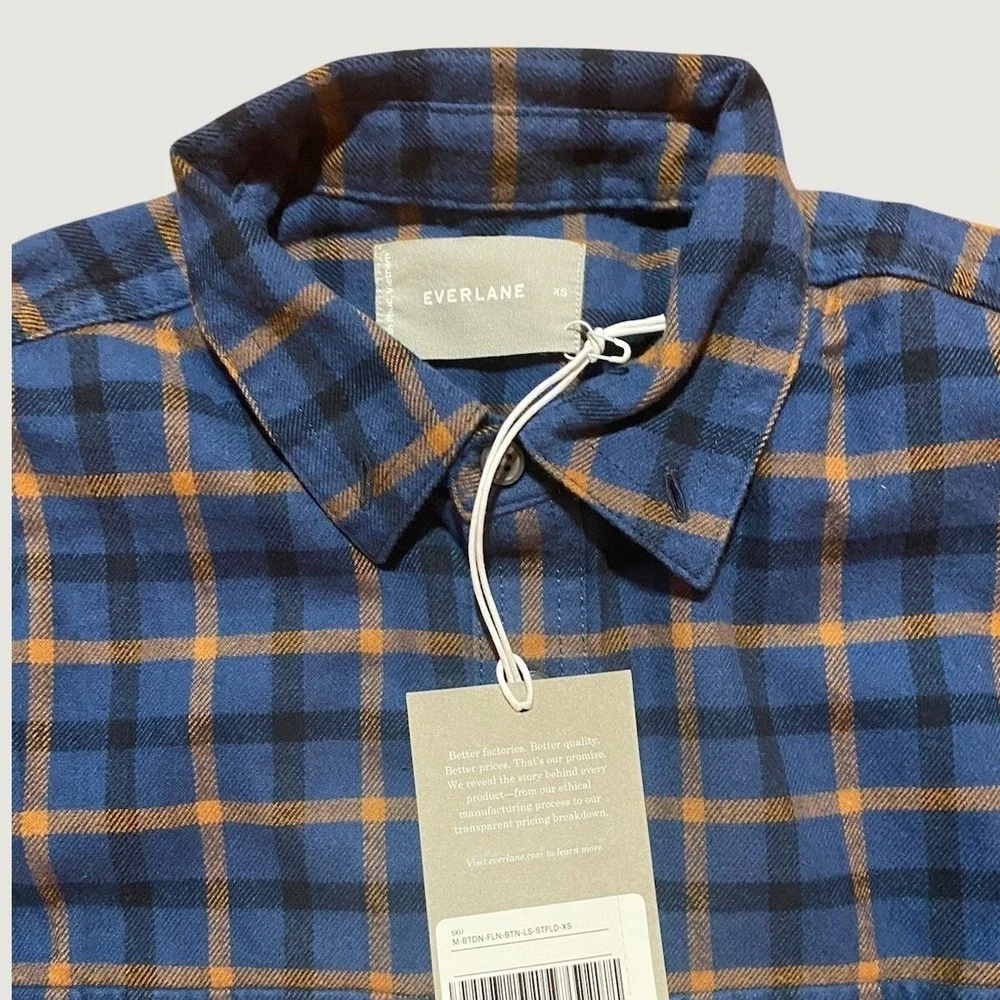 Everlane NWT Men's Flannel Button Up Shirt XS Blue Plaid Long Sleeve Fall